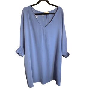 Eesome Blue V-Neck Dress With Smocked Cuffed Sleeves Pockets Size Large